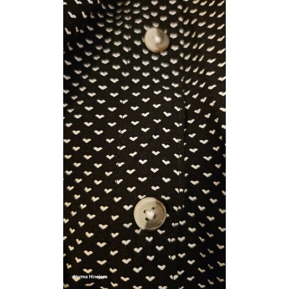 Black & White Button-Up Blouse with Heart Print Short Sleeves Rayon Material - Picture 5 of 8